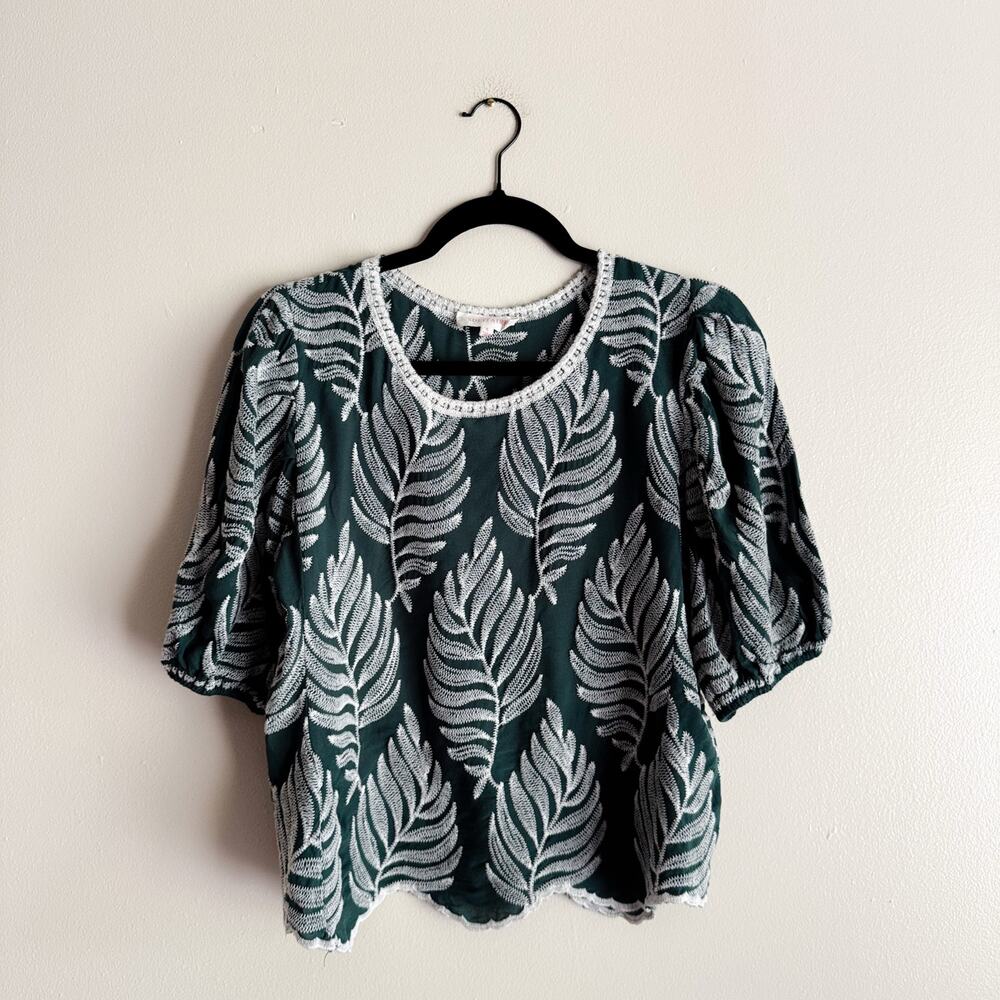 Solitaire Green + White Embroidered Palm Leaf Print Contrast Blouse Small